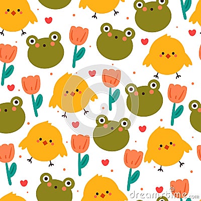 seamless pattern cartoon chick and frog. cute animal, plant and dessert wallpaper for textile, gift wrap paper Vector Illustration