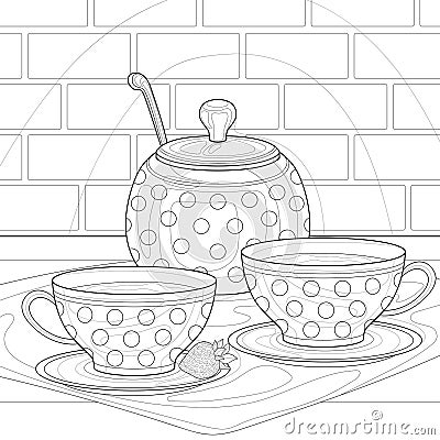 Cups of tea, sugar bowl, dishes, tablecloth, strawberry, brick wall. Interior illustration on a white isolated background. Vector Illustration