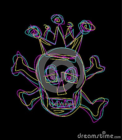 Neon skull icon with crown, hand drawing line vector illustration Cartoon Illustration
