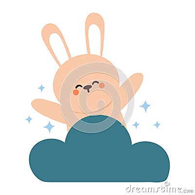 cute happy bunny on top of the cloud. cute animal icon for sticker Vector Illustration