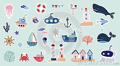 Summer nautical stickers collection with different marine elements, vector design Vector Illustration