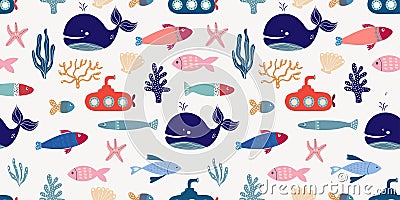 Summer marine seamless pattern with cute nautical elements, design inspiration for kids wallpaper Vector Illustration