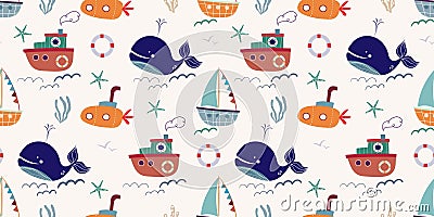 Summer marine seamless pattern with cute design for kids, whales and steamboats Vector Illustration