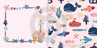 Summer marine collection with seamless pattern and cute nautical frame, design inspiration for kids Vector Illustration