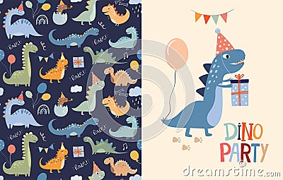 Dino party set with seamless pattern and greeting card, invitation card Vector Illustration