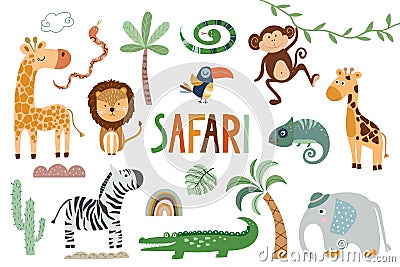 Safari collection with cute animals isolated on white, vector design Vector Illustration