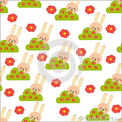 Seamless pattern of pink rabbits and flowers for fabric prints Vector Illustration