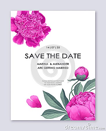 Postcard minimal design peony flowers, text template, save the date, wedding invitation. Vector Illustration