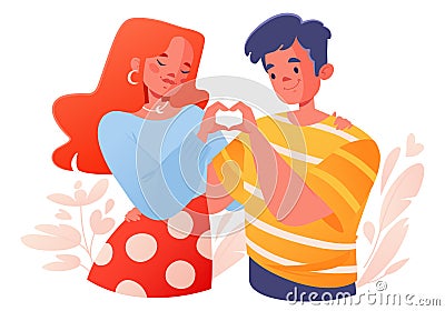 Romantic vector illustration with a couple in love making a hand gesture in the shape of a heart. Vector Illustration