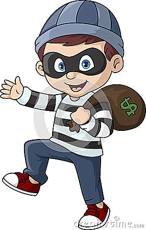 Cute thief cartoon carrying a bag Vector Illustration