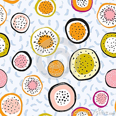 Abstract dragon fruit seamless pattern. Vector textured background. Stylish hand drawn circular fabric design Cartoon Illustration