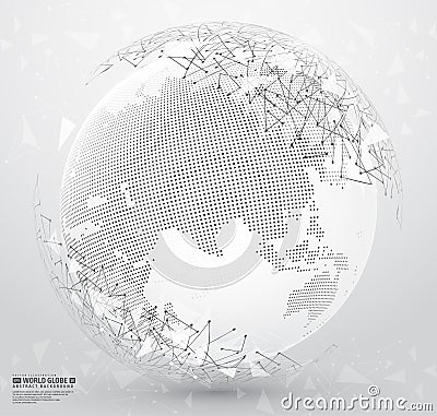 Three-dimensional dotted world map with wireframe sphare Vector Illustration