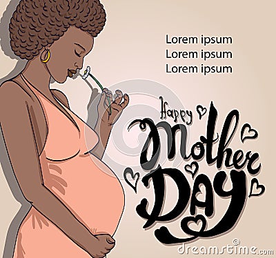 Basic RGB african-american pregnant woman in pregnancy dress is prepared for maternity. Vector Illustration