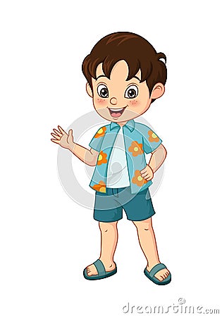 Cartoon little boy in summer clothing waving hand Vector Illustration