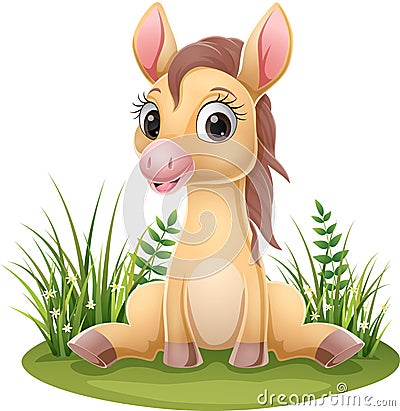 Cartoon baby horse sitting in the grass Vector Illustration