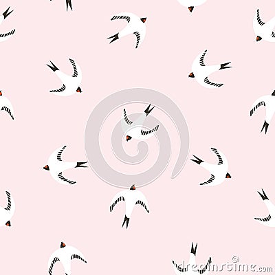 Pink seamless pattern with birds. Swallows on the pink background. Vector Illustration