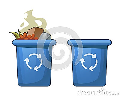 Vector full and empty blue trash bins. Vector Illustration