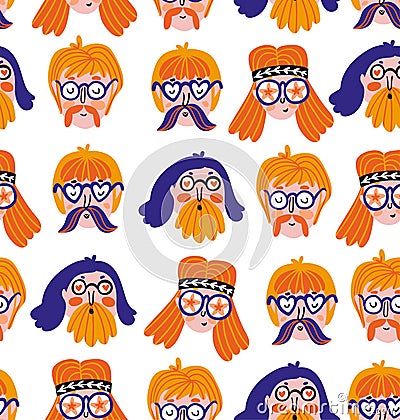 Funny cute hippies portraits. Vector festival print. Seamless pattern design with hand drawn stylish faces Stock Photo