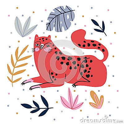 Hand-drawn illustration with wild cat and tropical leaves on the polka dots background - for home decor, t-shirt print, poster, gr Vector Illustration