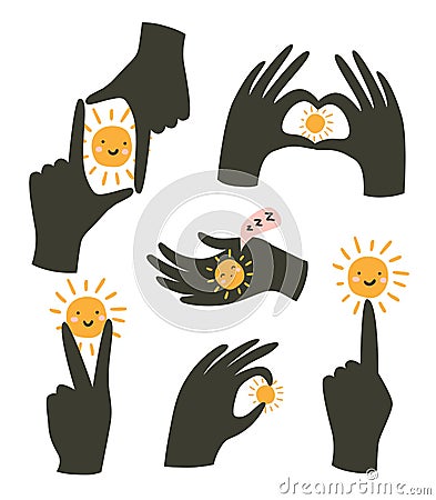 Hands gestures with sun isolated on white background. Vector illustration. Gestures of love and happiness Vector Illustration