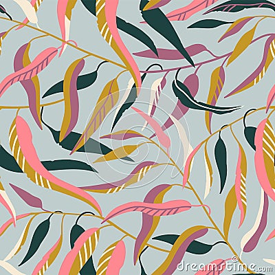 Seamless pattern with cute Eucalyptus tree branches with green and pink leaves on the grey background. Vector illustration. Vector Illustration