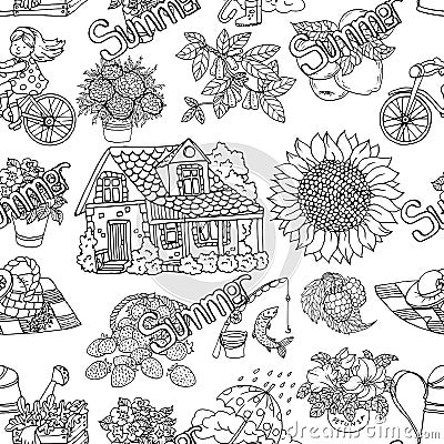 Seamless pattern with summer black and white drawings of cottage house, gardening objects, flowers, picnic. Vector Illustration