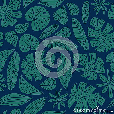 Seamless pattern with tropical leaves. Beautiful print with hand drawn exotic plants. Fashion botanical fabric design. Cartoon Illustration