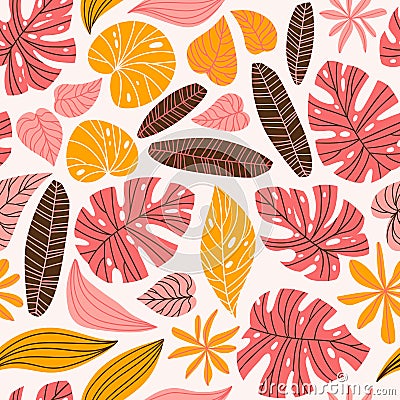 Seamless pattern with tropical leaves. Beautiful print with hand drawn exotic plants. Fashion botanical fabric design. Vector Illustration