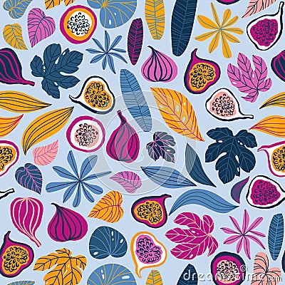 Seamless pattern with tropical leaves and fruits. Beautiful print with hand drawn exotic plants and figs. Fashion botanical fabric Vector Illustration