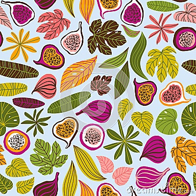 Seamless pattern with tropical leaves and fruits. Beautiful print with hand drawn exotic plants and figs. Fashion botanical fabric Vector Illustration