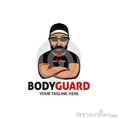 Basic RGB strong big bodyguard logo mascot character folding hand wears cap black shade sunglasses and tshirt with intimidating Vector Illustration