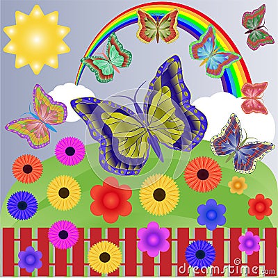 Summer sunny day with a rainbow, clouds, butterflies and flowers. Vector Illustration