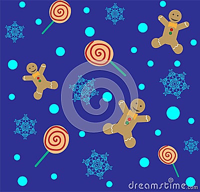 Seamless pattern with gingerbread, candy ans snowflakes. Vector Illustration