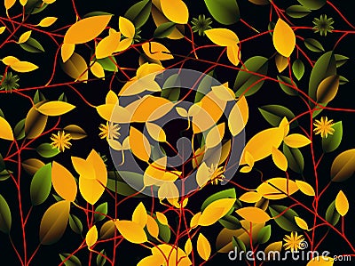 Basic RGBAbstract dark color background with red branch,green and yellow leaves pattern Cartoon Illustration