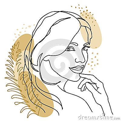Basic RGBSilhouette of the head of a beautiful lady. The girl is slim and elegant. Next to the woman are green leaves. Suitable fo Vector Illustration