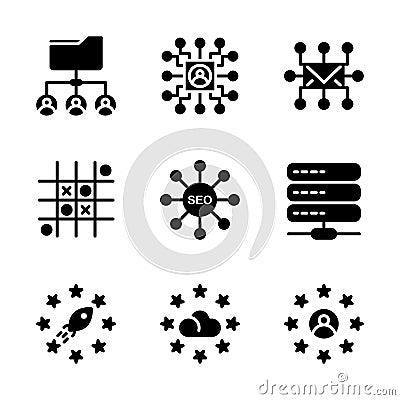 Basic search engine optimization icon include share user, share document, circuit, mail, swot, weakness, opportunities, strength, Vector Illustration