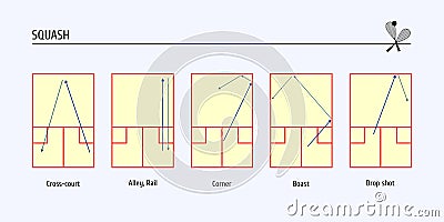 basic shots in squash. scheme of squash court with arrows indicating direction of ball during game Vector Illustration