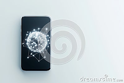 A basic smartphone rests on a clean white surface, illuminated by soft diffused light. The device displays a tiny globe Stock Photo