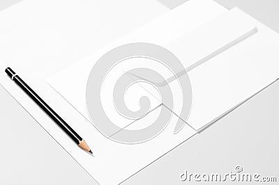 Basic stationery: paper, envelopes, and pencil Stock Photo