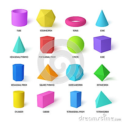 Basic Stereometry Shapes Realistic Color Set Vector Illustration