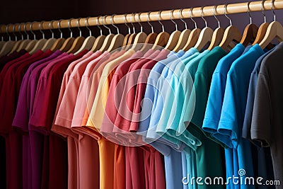Basic t-shirts of different colors on a hanger in the store close-up Stock Photo