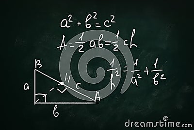 Basic triangle area formulas and Pythagorean theorem written on chalkboard Stock Photo