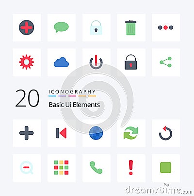 20 Basic Ui Elements Flat Color icon Pack. like search. rotate. start. reload. ineternet Vector Illustration