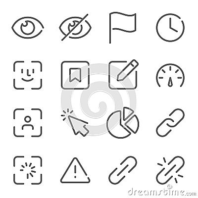 Basic UI icon illustration vector set. Contains such icon as Edit, Eye open, Flag, Pie chart, Link, Face scan, Bookmark, and more. Vector Illustration