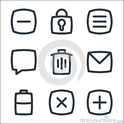 Basic ui line icons. linear set. quality vector line set such as add, cross, half battery, email, delete, chat, open menu, lock Vector Illustration