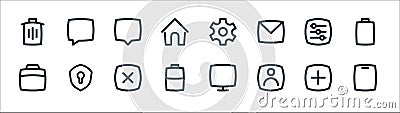 Basic ui line icons. linear set. quality vector line set such as device, user, half battery, suitcase, adjust, chat, setting, chat Vector Illustration