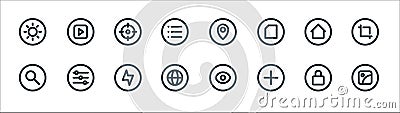 Basic ui line icons. linear set. quality vector line set such as gallery, add, internet, search, home, target, pin, play Vector Illustration