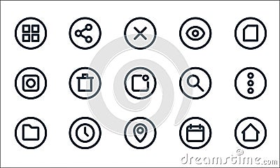 basic ui line icons. linear set. quality vector line set such as home, pin, folder, calendar, time, camera, search, view, share Vector Illustration