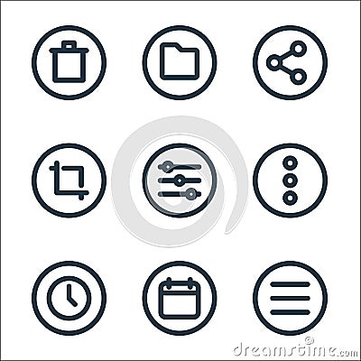 basic ui line icons. linear set. quality vector line set such as menu, calendar, time, more, adjust, crop, share, folder Vector Illustration