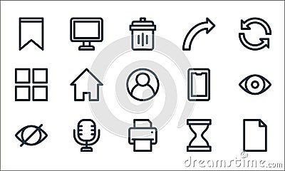 basic ui line icons. linear set. quality vector line set such as new file, printer, hide, hourglass, microphone, menu, smartphone Vector Illustration